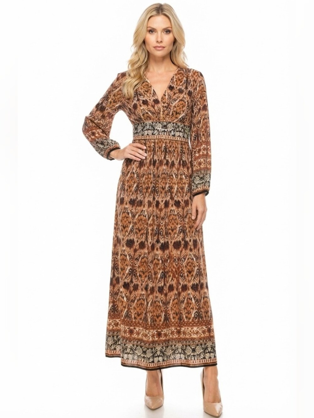 Sandra Darren Brown Printed Midi Dress with Boho Waist Detail